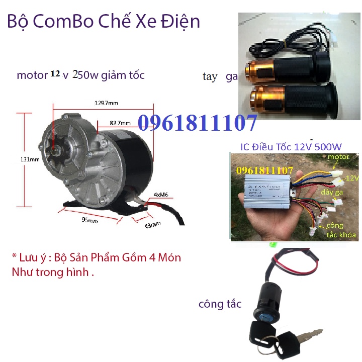 Combo chế xe điện motor 12V 250W giảm tốc tay ga
