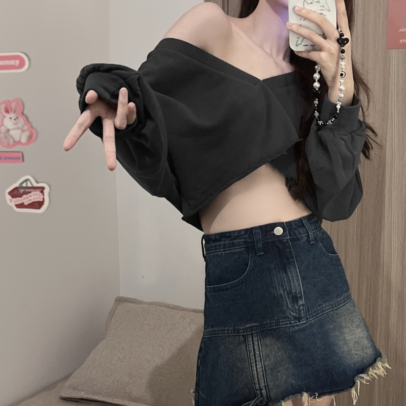 SUXI Áo Cổ Chữ V Tay Dài Dáng Rộng Màu Trơn Đơn Giản Thời Trang Cho Nữ