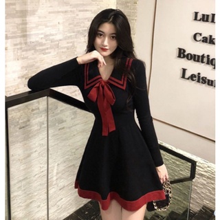 [CÓ SẴN]Đầm len nữ thắt nơ ngắn dáng xòe phong cách mùa thu đông Hàn Quốc
