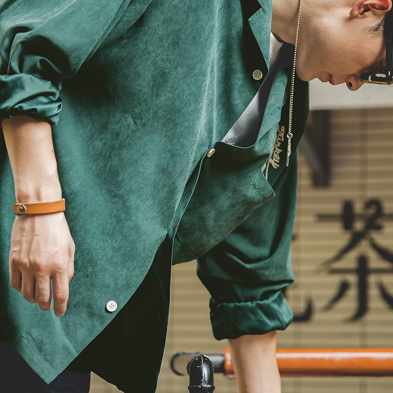 Maden brand re-tooling Cuban American Bowling shirt embroidered collar peach doing the old dark green shirt sanding