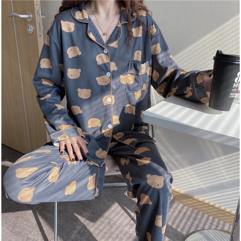 Bộ đồ ngủ cotton tay dài in hình gấu hoạt hình phong cách Hàn Quốc thời trang cho nữ