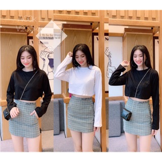 Áo crop Top trơn cổ tròn tay dài