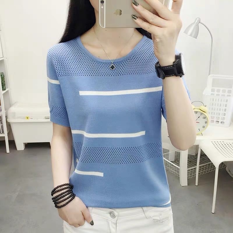 Áo thun nữ ngắn tay họa tiết kẻ sọc phong cách Hàn Quốc