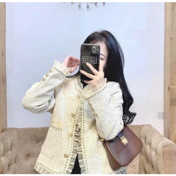 Áo khoác dạ tweed phối viền bèo sang chảnh hàng 2 lớp