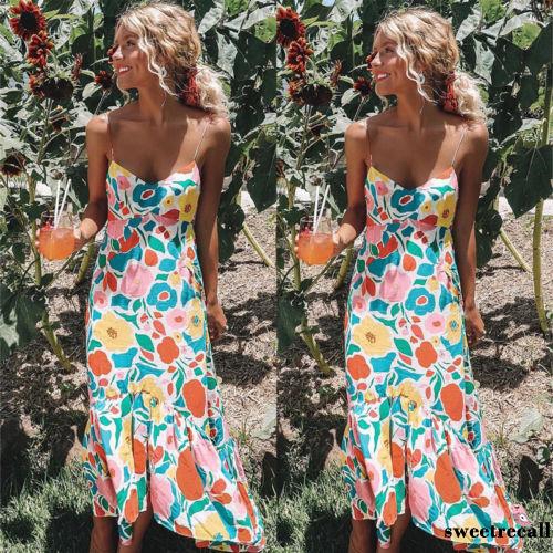 Women's Colorful Floral Pattern Dress, Sleeveless V-Neck Dress, Long One-Piece Clothes