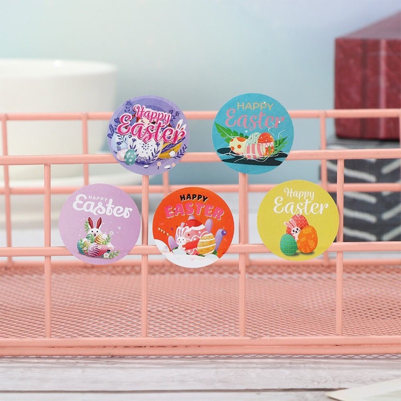 (Giao đơn từ 30k) 100 sticker tròn mừng Lễ Phục Sinh (Easter), có sẵn keo dán sẵn mặt sau dùng dán trứng, kẹo, bánh quy