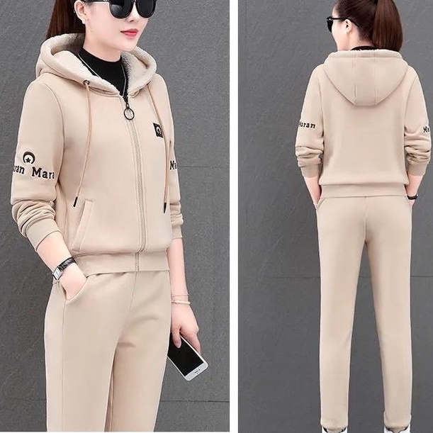 Sét Đồ Nữ Bộ thể Thao Nỉ Bông Mùa Đông Cao Cấp gồm áo khoác dày có mũ trùm đầu và quần dài mùa xuân thu đông S88