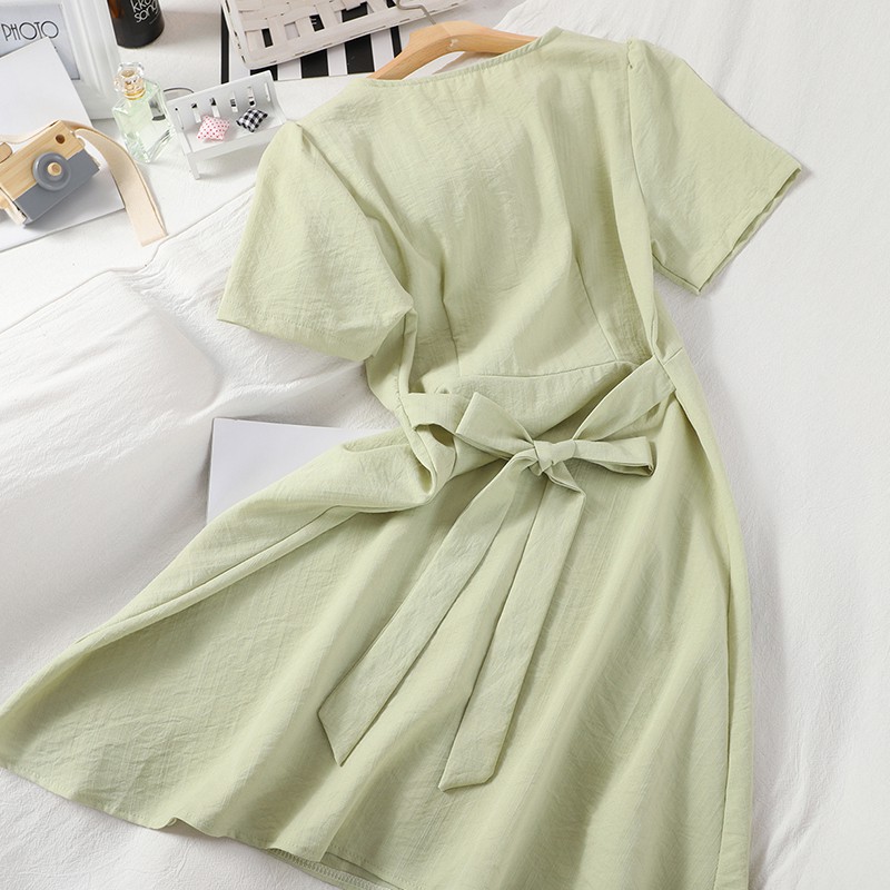 Váy Nữ Cộc Tay Cổ V Thắt Nơ Eo Chất Cotton Trơn Nhiều Màu Hàng Quảng Châu Loại 1 D03