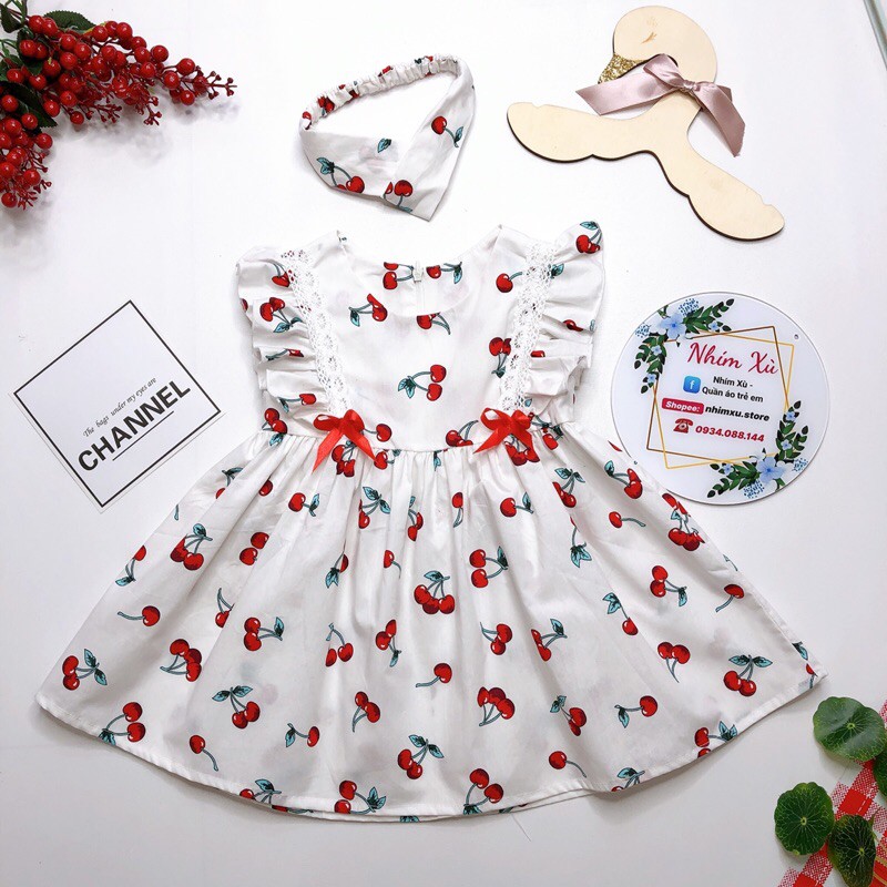 Váy Trắng Cánh Tiên Hoạ Tiết Quả Cherry Cho Bé Gái 1 Tuổi Đến 8 Tuổi