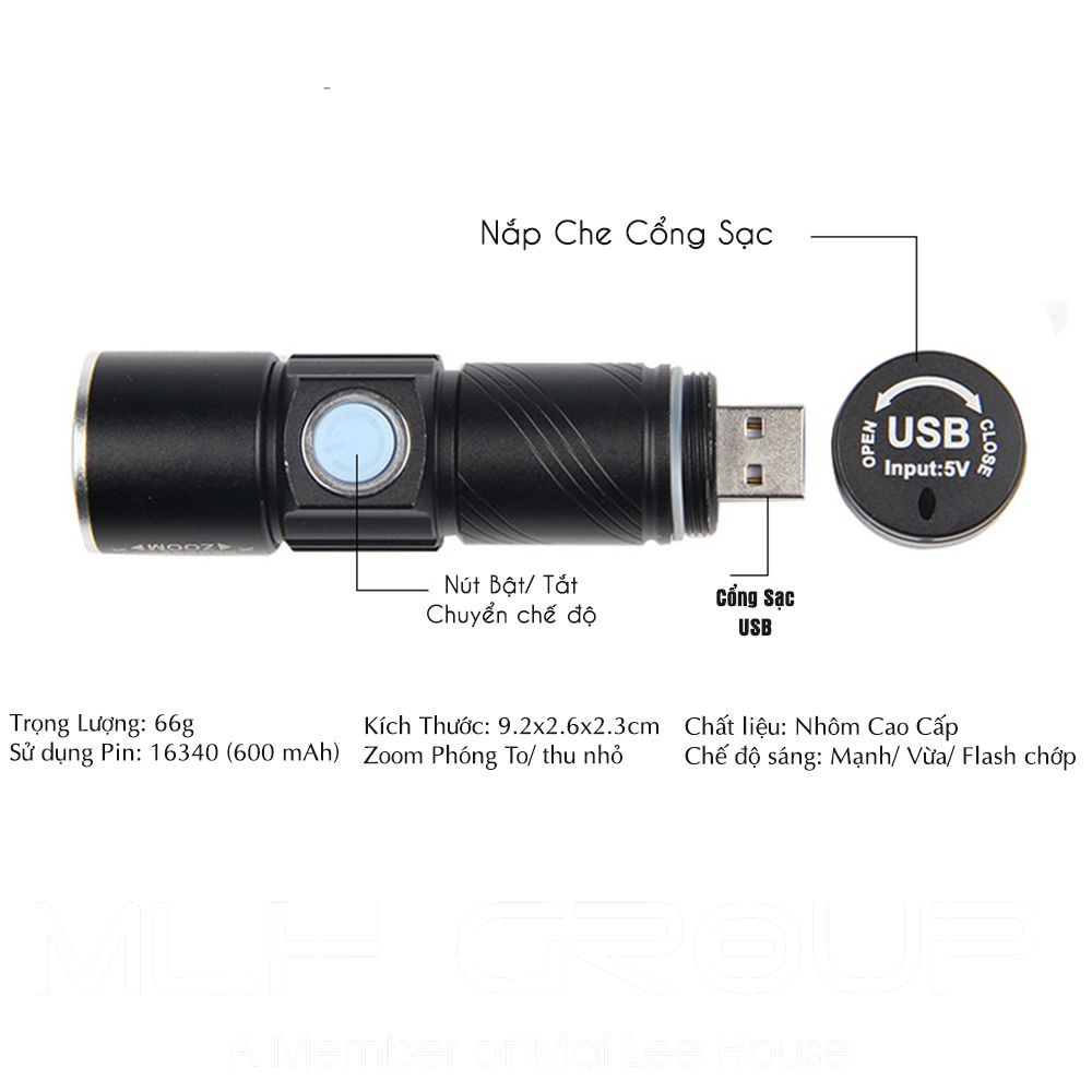 Đèn Pin Gắn Phía Trước Cho Xe Đạp Siêu Sáng Q5 Có Sạc Điện USB Chống Nước  MLH