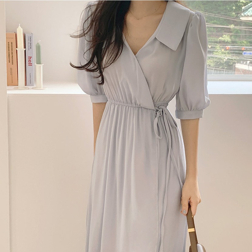 Đầm maxi tay phồng cổ chữ V trơn màu xinh xắn dành cho nữ 35177