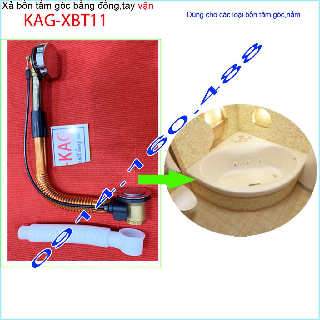 Xả bồn tắm góc KAG-XBT11 -Đồng, Bộ xả vặn bồn tắm nằm bằng thau siêu bền dùng cho bồn góc 90cm-1,2m-1,5m-1-6m