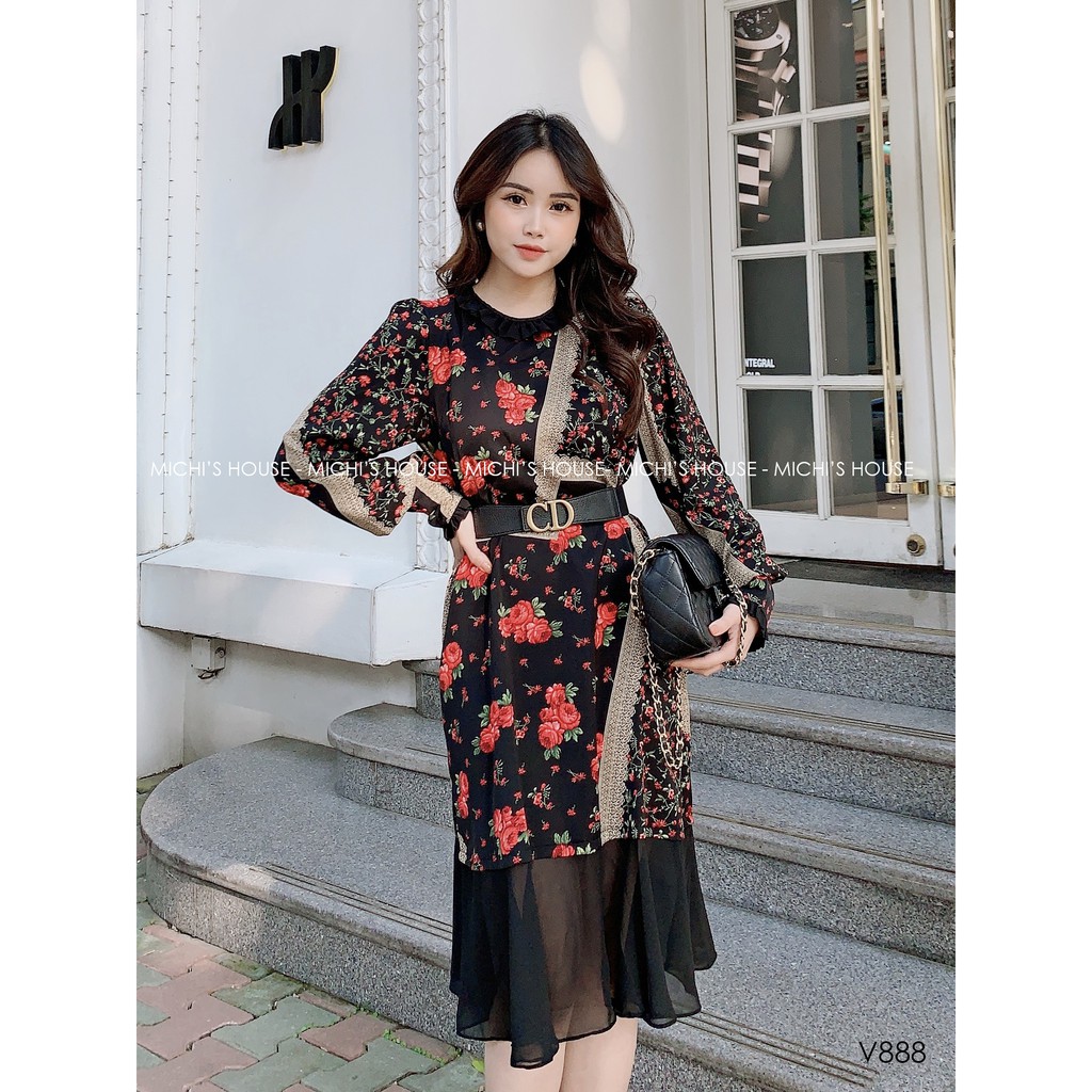 [Best-seller] 🔥 Váy hoa thiết kế, dáng đuôi cá, cổ bèo phối voan, đầm dáng suông rộng, mã V888 - Michi's House | BigBuy360 - bigbuy360.vn