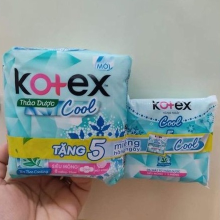 Tặng 5 miếng hằng ngày-Băng vệ sinh Kotex Thảo dược Cool siêu mỏng cánh 23cm (8 miếng/gói)