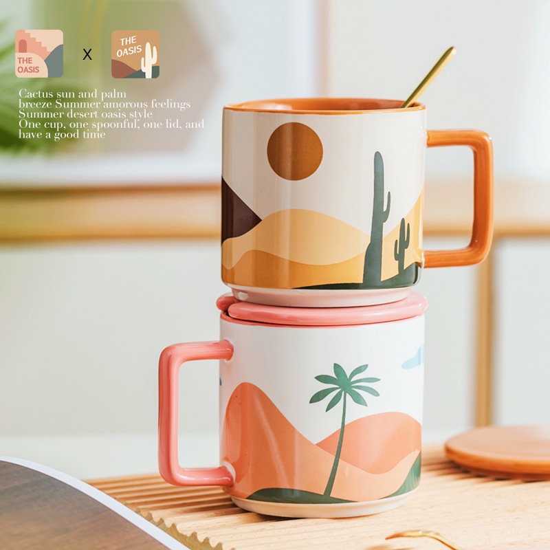Cốc ly sứ The Oasis kèm nắp và thìa họa tiết cây xương rồng, cây dừa, dùng đựng trà, cafe, nước uống hằng ngày, quà tặng