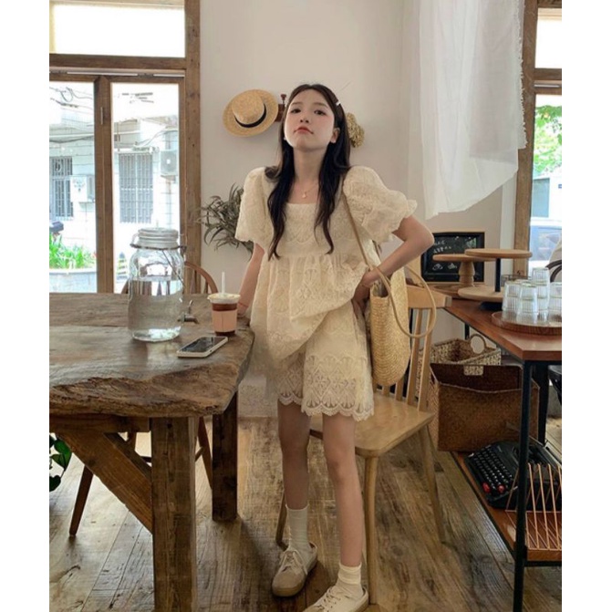 SET BBD NUDE REN HOA CỔ VUÔNG  + SHORT