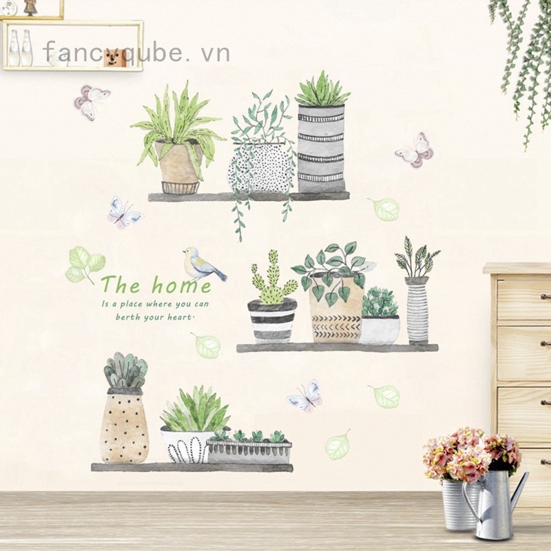 Nhãn dán tường kiểu chậu cây dễ thương trang trí phòng cỡ 90*30 cm