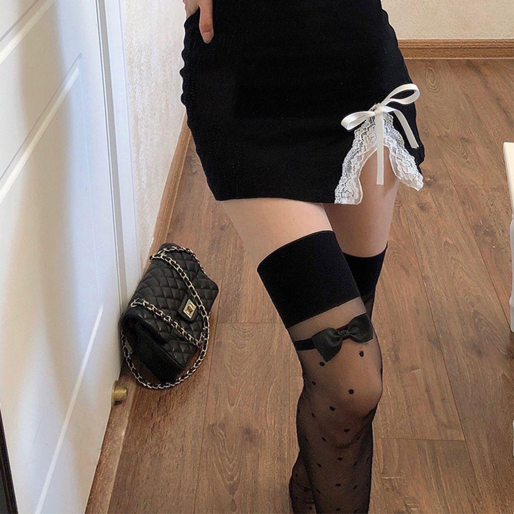 AROMA Tất Bắp Chân Đính Nơ Họa Tiết Chấm Bi Phong Cách Lolita Thời Trang Cho Nữ