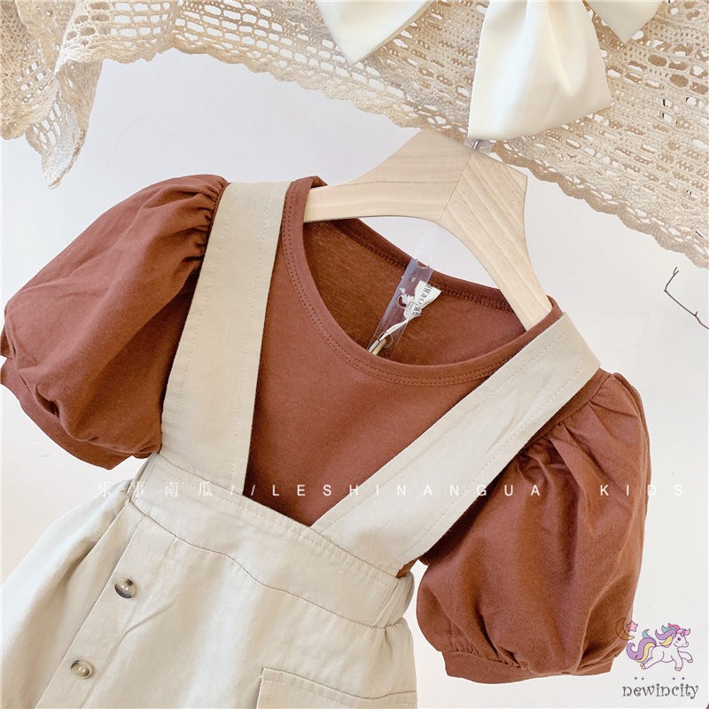 Set áo tay phồng kèm váy yếm phong cách Hàn Quốc thời trang mùa hè cho bé gái