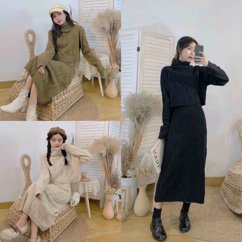 Set áo len cổ lọ kèm chân váy maxi
