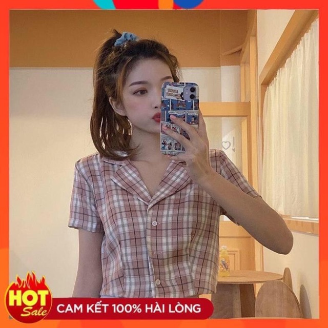 Áo croptop sơ mi tay ngắn caro cổ vest đủ màu siêu đẹp ( kèm ảnh chụp )