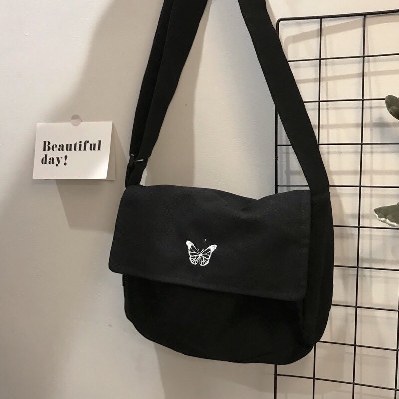 Túi tote đeo chéo Unisex nam nữ-vải dệt canvas màu trắng -đen-phong cách Ulzzang nam nữ