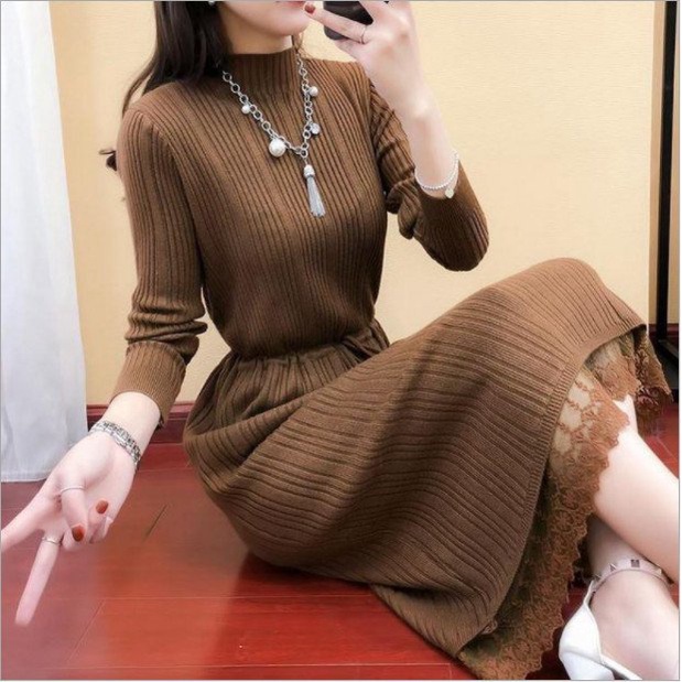 Đầm len nữ,Đầm len nữ xoè dáng dài thời trang thu đông Al06