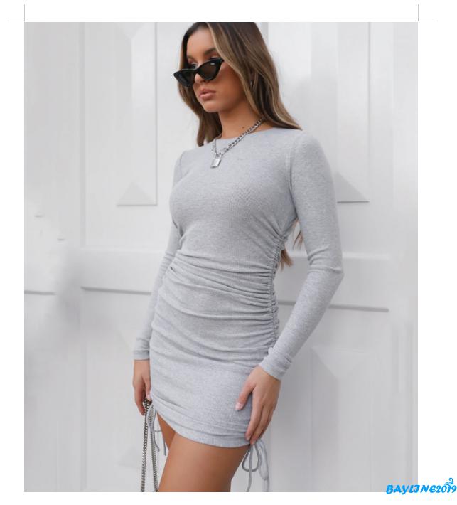 Đầm ôm dáng tay dài màu trơn thiết kế rút dây gợi cảm cho nữ