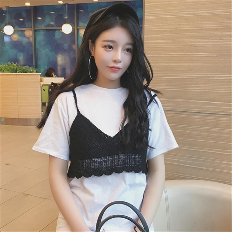 Áo 2 dây dáng ngắn cổ V đan móc thời trang nữ quyến rũ