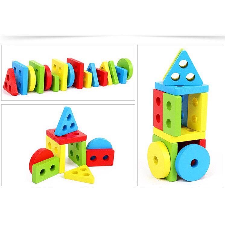 Đồ Chơi Gỗ Montessori Bộ Thả Cọc 6 Hình Khối Màu Sắc Cho Bé Phát Triển Trí Tuệ