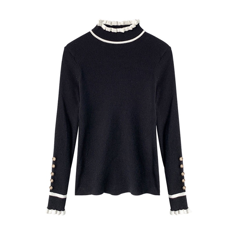 IELGY  Áo Dệt Kim Mỏng Tay Dài Cổ Cao Đính Tai Gỗ Phong Cách Cổ Điển Thời Trang Cho Nữ