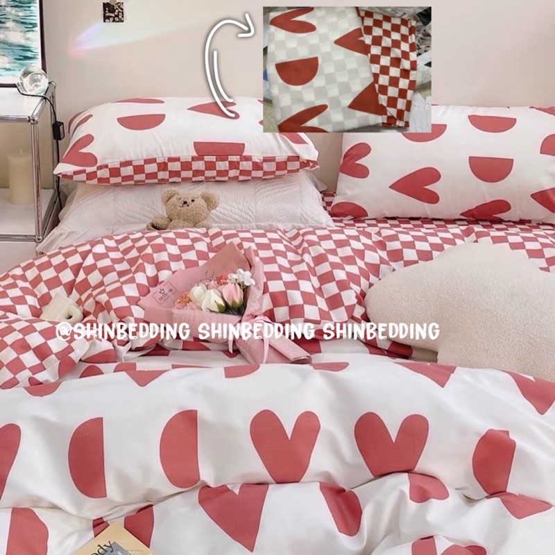 Set Bộ Vỏ Chăn Ga Cotton Poly Tim Phối Ga Ô Vuông ( 4 Màu Sắc) _Shinbedding