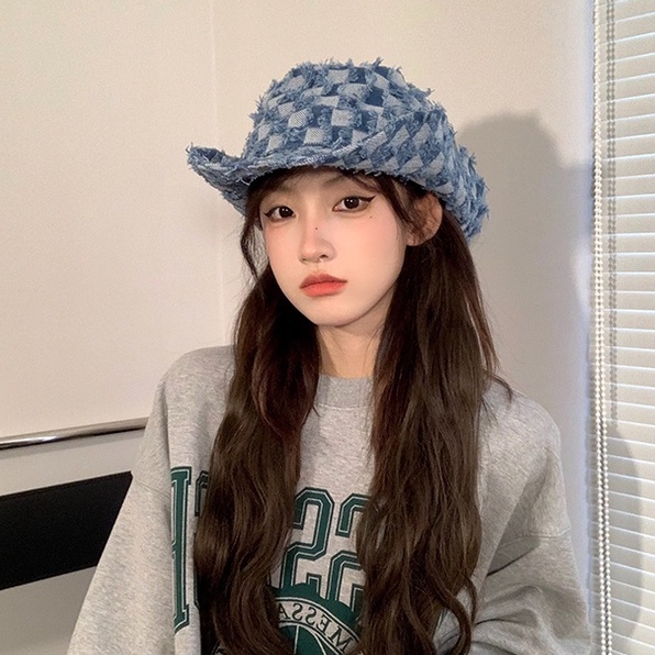 Nón Tai Bèo Họa Tiết Caro Phong Cách Cao Bồi Phương Tây Thời Trang Cho Nữ