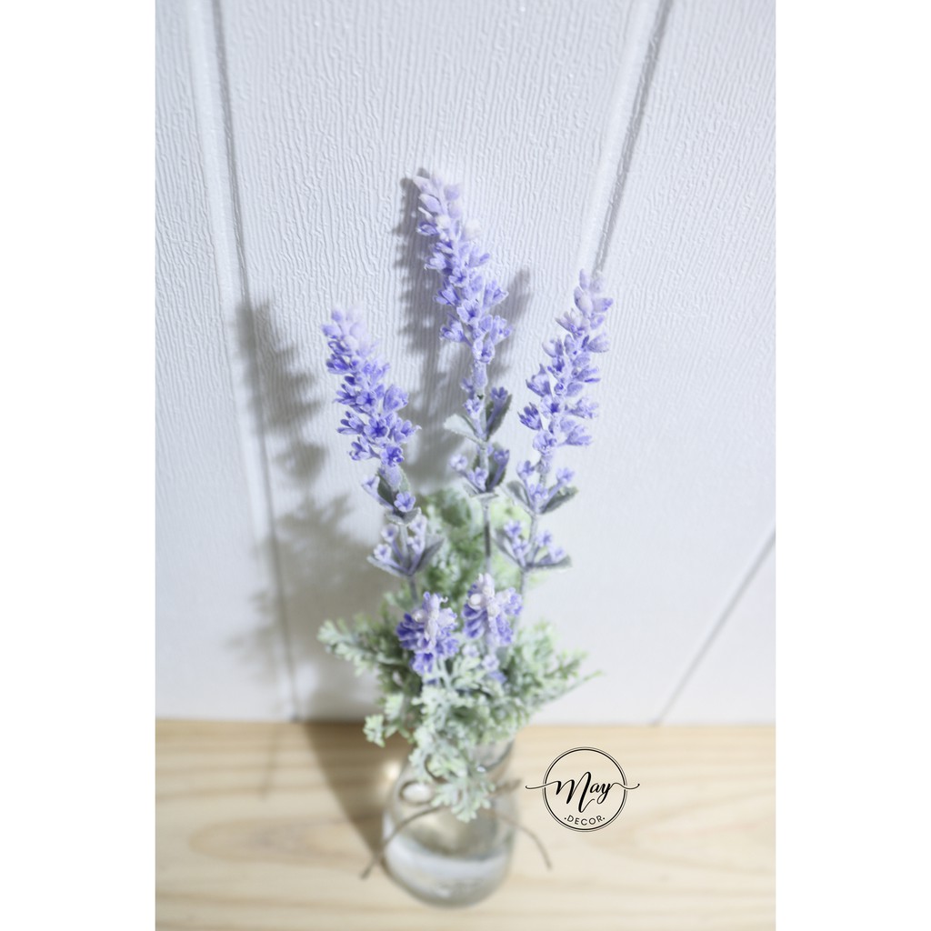Hoa giả, Hoa lụa, Lọ hoa lavender phấn tuyết cao cấp, lọ thắt eo
