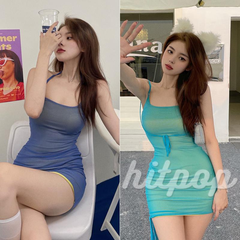 Hitpop-Women’s Tie-up Halter Short Dress Fashion Contrast Color Mesh Yarn Backless Skinny Dress