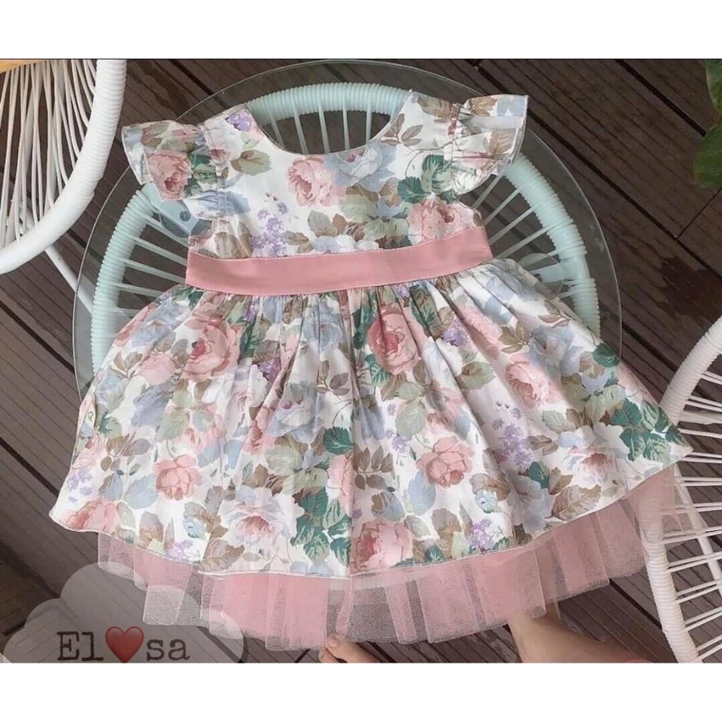 Đầm bé gái baby doll hoa hồng phối ren