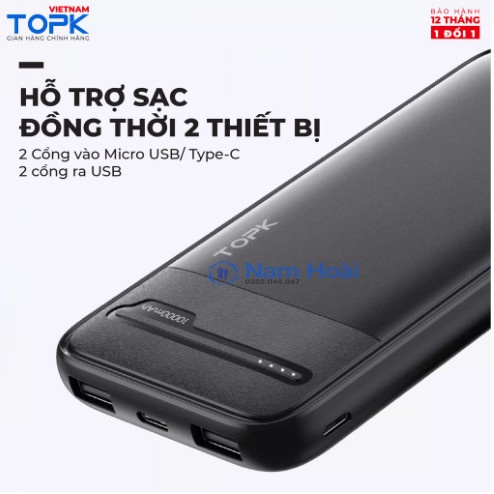 Sạc dự phòng 10000mAh TOPK I1016 Đầu ra 2 cổng USB - Hàng phân phối chính hãng TOPK