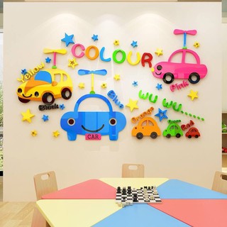 Size lớn tranh dán tường mica 3d xe sắc màu, trang trí mầm non, trang trí khu vui chơi trẻ em
