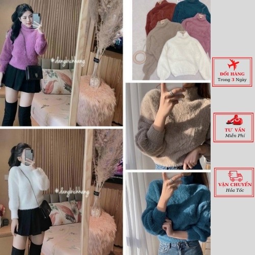 Áo len nữ cổ lọ lông thỏ ulzzang Hàn Quốc phong cách bánh bèo mùa thu đông