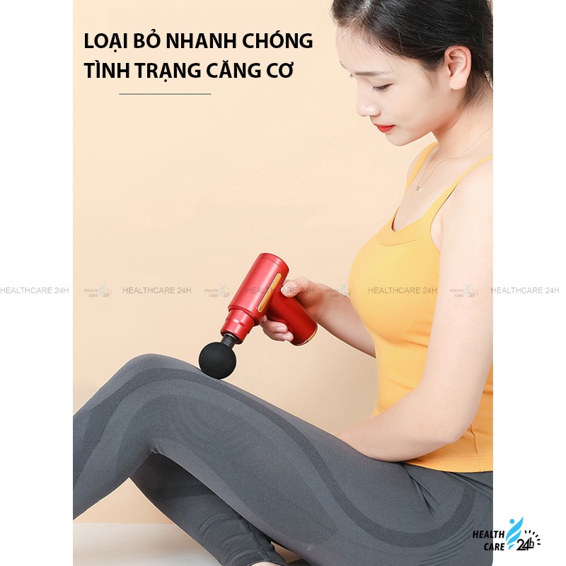 Súng massage Fascial gun cầm tay 4 đầu 6 chế độ, Healthcare24h N001_01, đấm bóp chuyên sâu, giảm đau nhức toàn thân