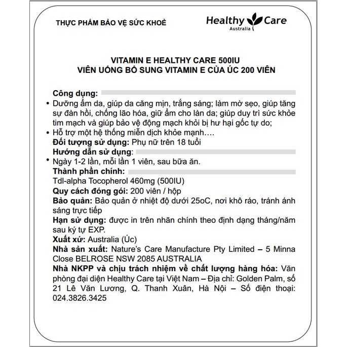 Viên Uống Healthy Care 500IU 200 Viên Bổ Sung Vitamin E Đẹp Da Dưỡng Tóc