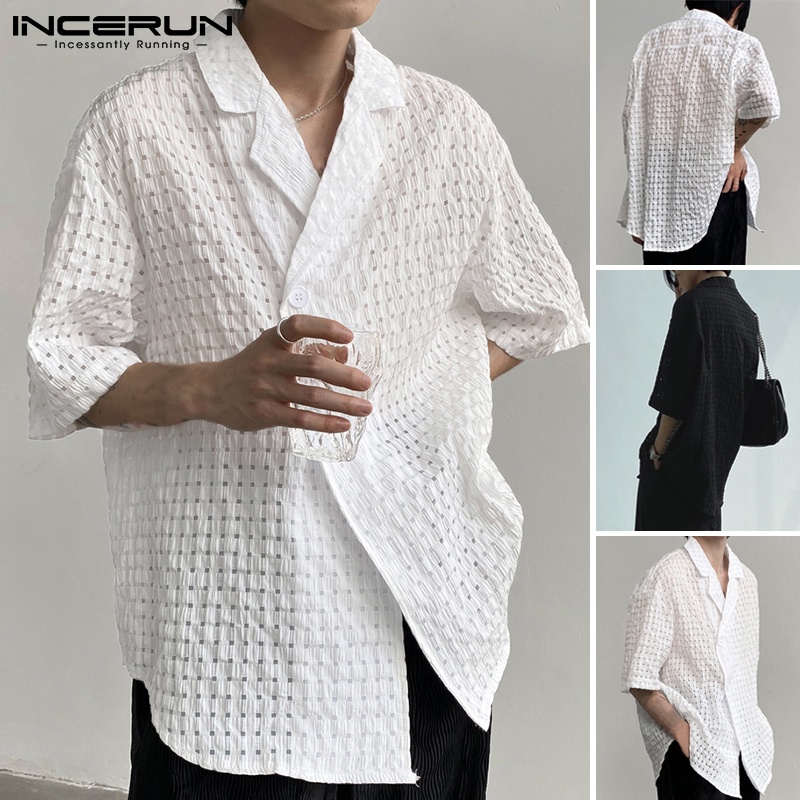 Áo sơ mi INCERUN tay ngắn cổ bẻ dáng rộng chất liệu mỏng xuyên thấu thời trang cho nam giới