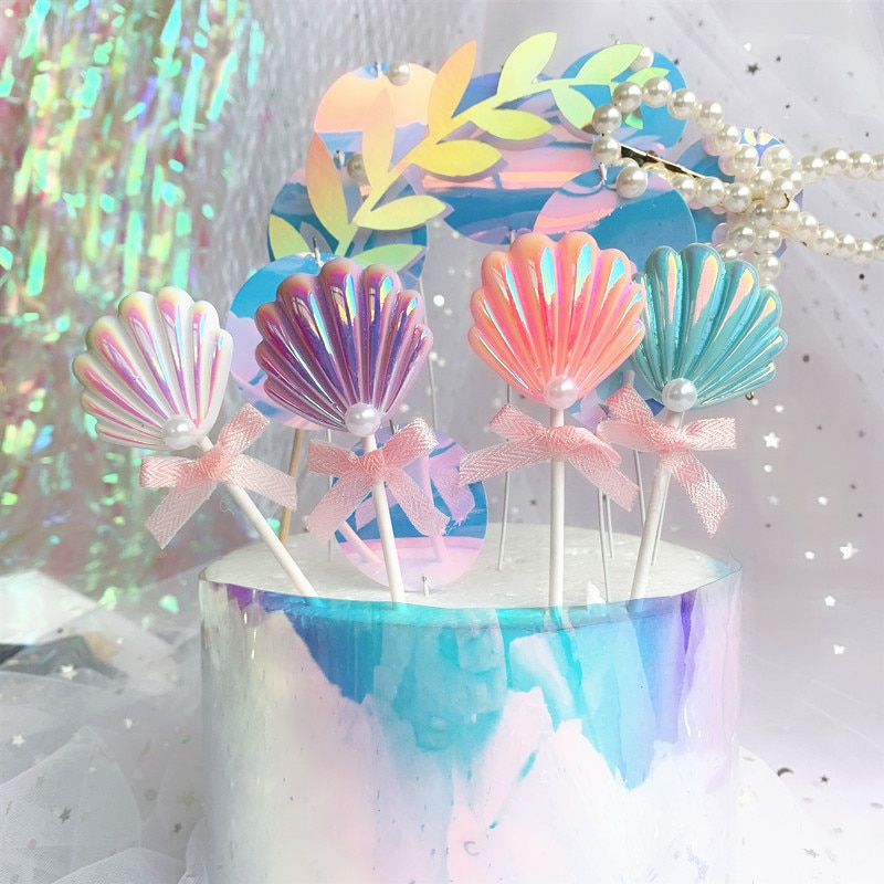 Que cắm trang trí bánh kem cupcake chủ đề dưới đáy biển nàng tiên cá nhỏ vỏ sò nhiều màu sắc cho tiệc tùng sinh nhật