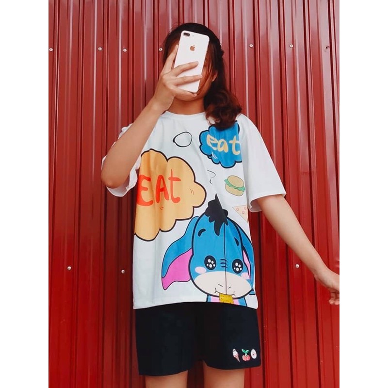 [ Rẻ Vô Địch ] Set Quần Đùi Kaki + Áo Cotton Tay Lỡ Unisex Lừa Cute ( Ảnh shop chụp thật )