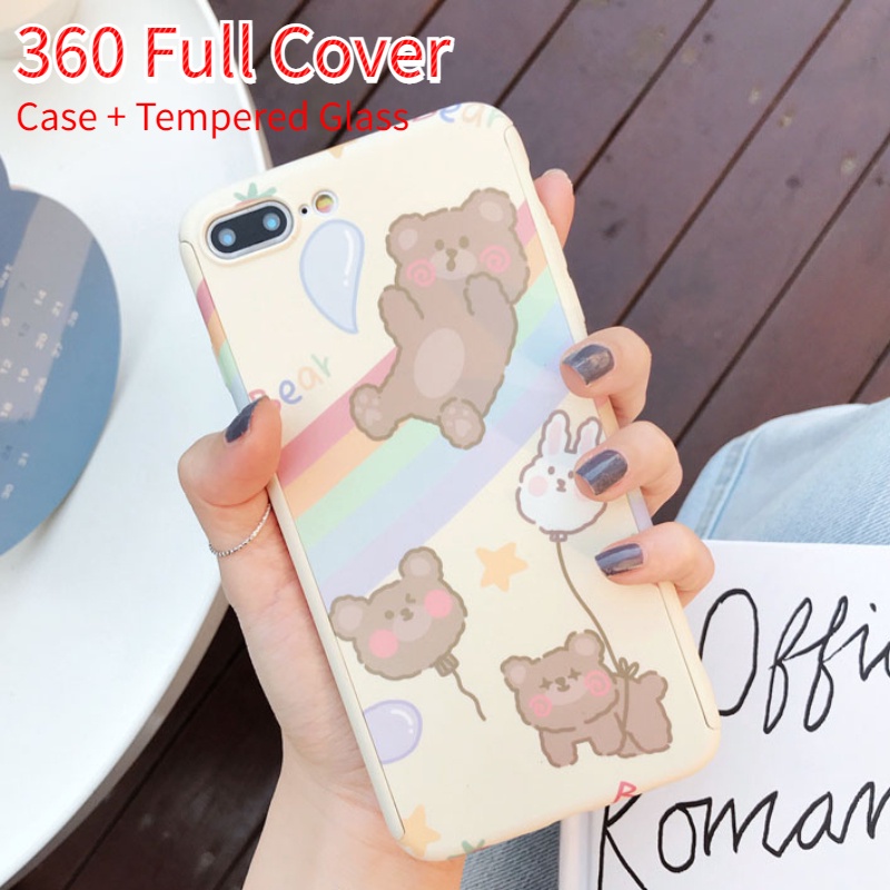 Cute Cartoon Colorful Bear 360 Full Protection Phone Case With Tempered Glass Film For iPhone 12mini 11 12 Pro Max XS XR X 5 5S 6 6S 7 8 Plus Hard Back Cover