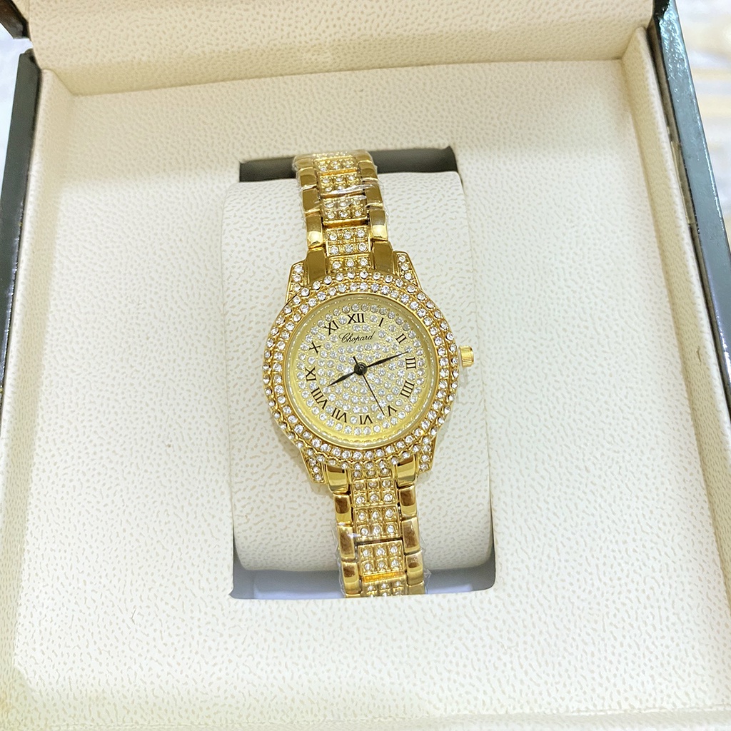 đồng hồ nữ chopard mặt tròn đính đá dây thép không gỉ sang trọng, chống nước, bảo hành 12 tháng