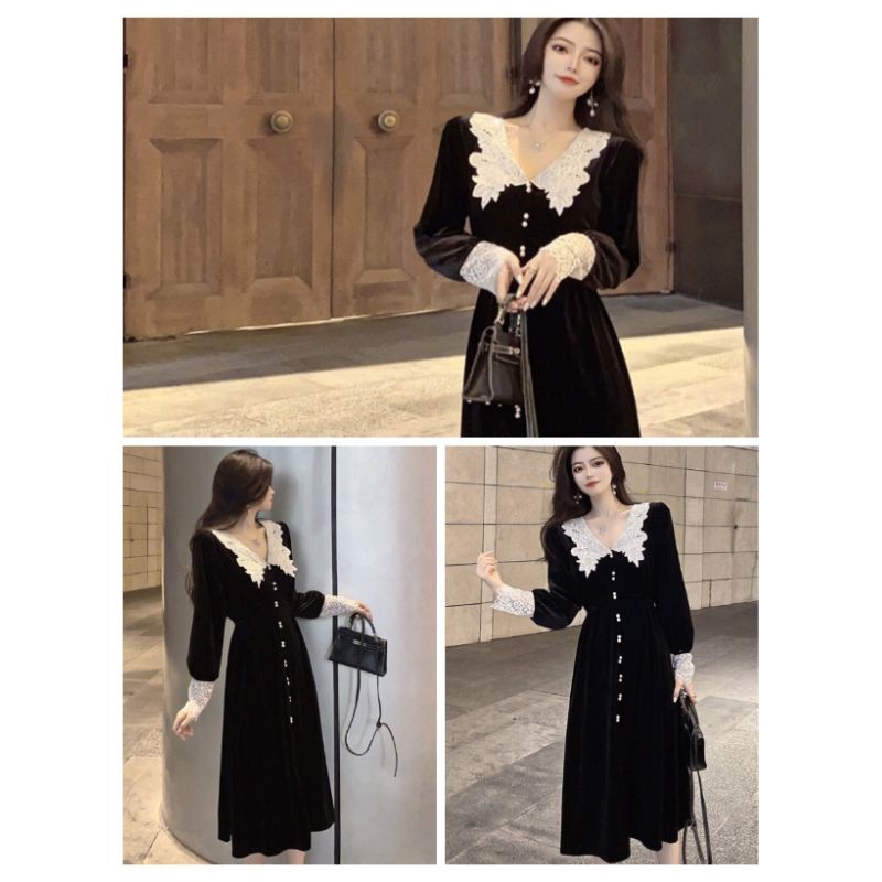 (Order) Đầm nhung cổ ren cánh bướm dáng suông
