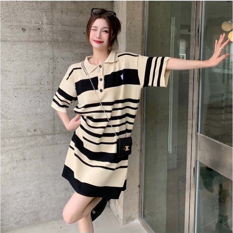 Đầm thun dệt kim IELGY thiết kế cổ polo phối họa tiết kẻ sọc trẻ trung thời trang cho nữ