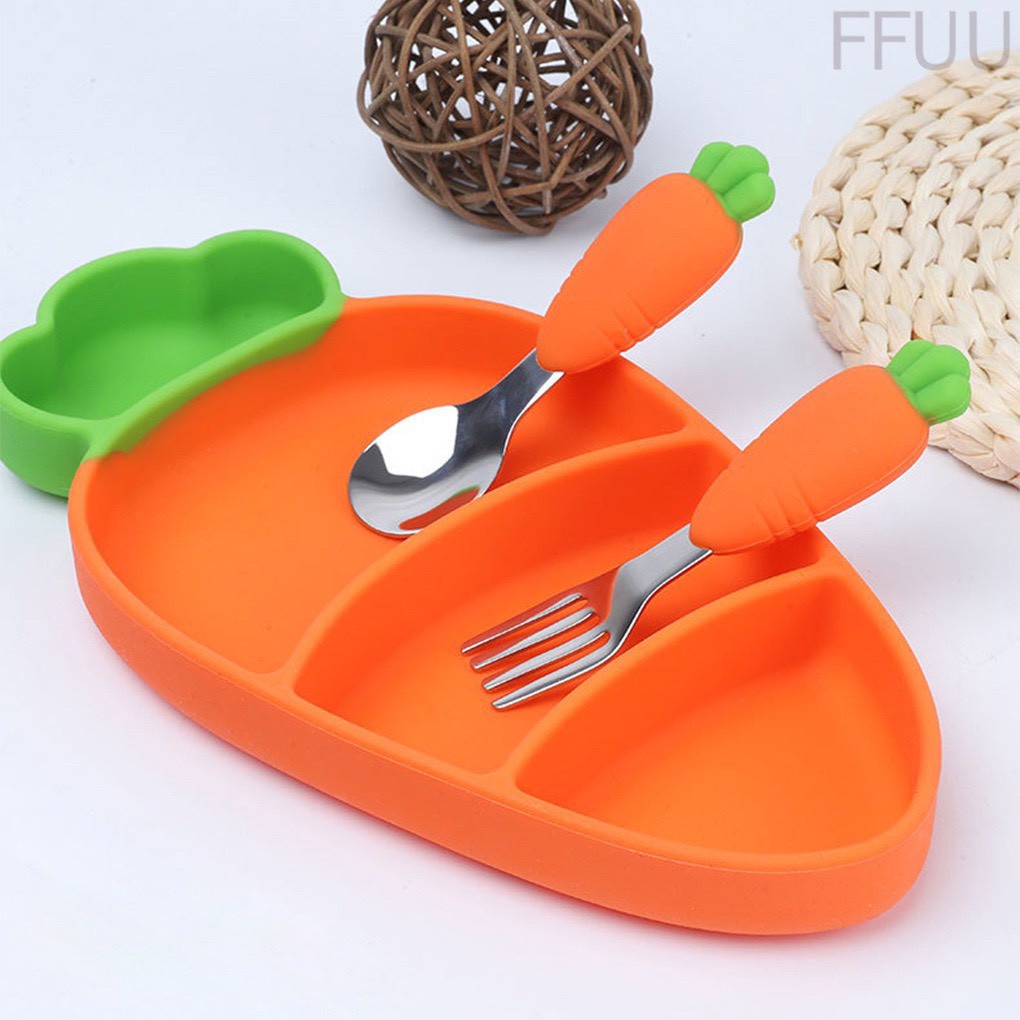 Khay ăn dặm silicon hình cà rốt có kèm thìa dĩa và ống hút cho bé tập ăn dặm