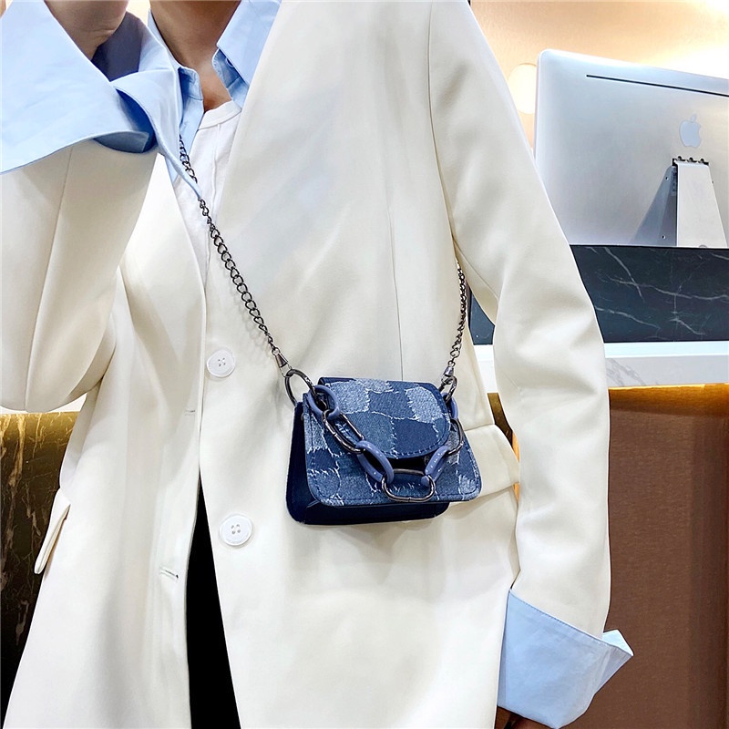 Túi đeo vai IELGY bằng denim có dây đeo dạng xích thời trang dành cho nữ